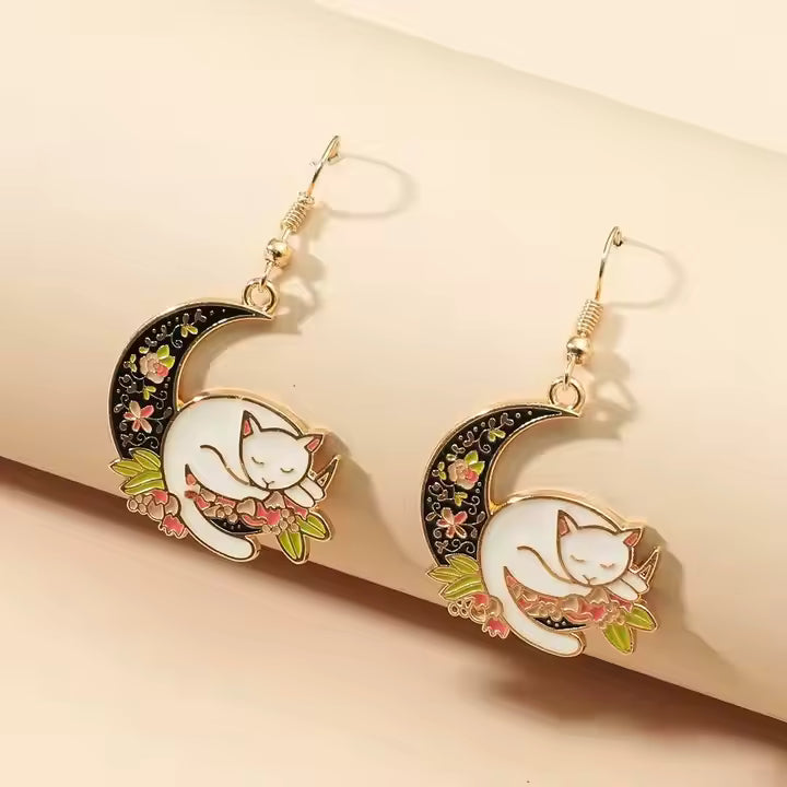 Moon Flower Cat Earrings