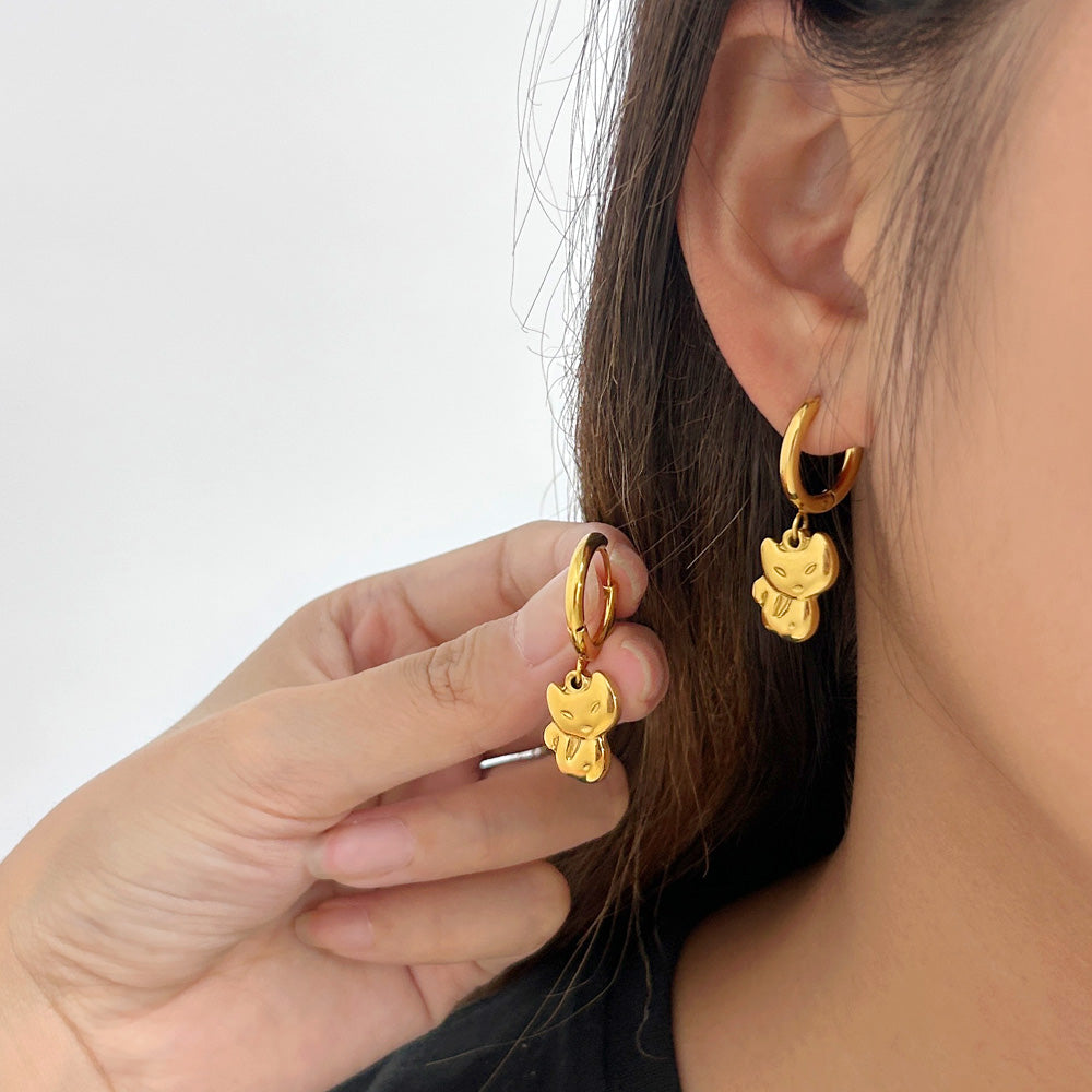 Gold Cat Dangle Hoop Earrings