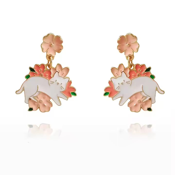 Pink Cat Flower Dangle Stud Earrings