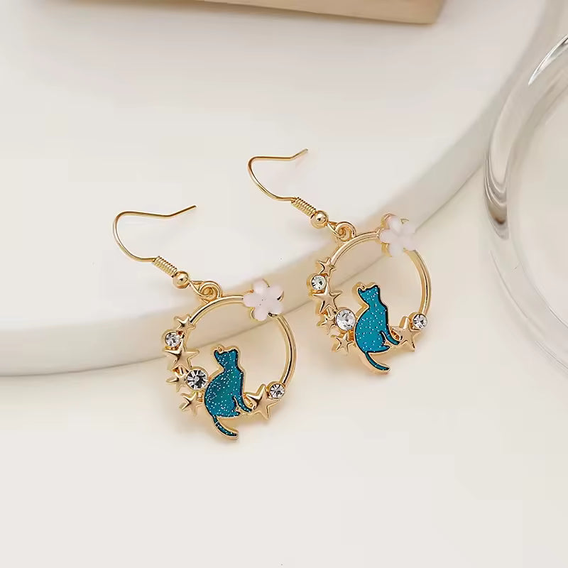 Gold & Blue Enamel Cat Hoop Earrings