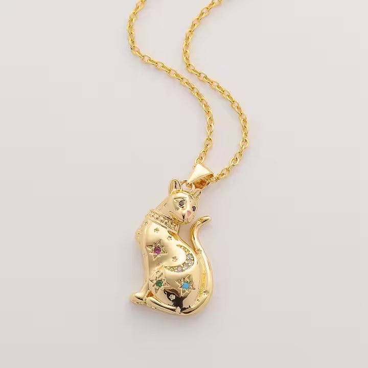 Gold Cat Necklace with Gems