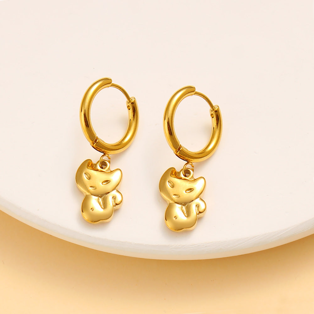 Gold Cat Dangle Hoop Earrings