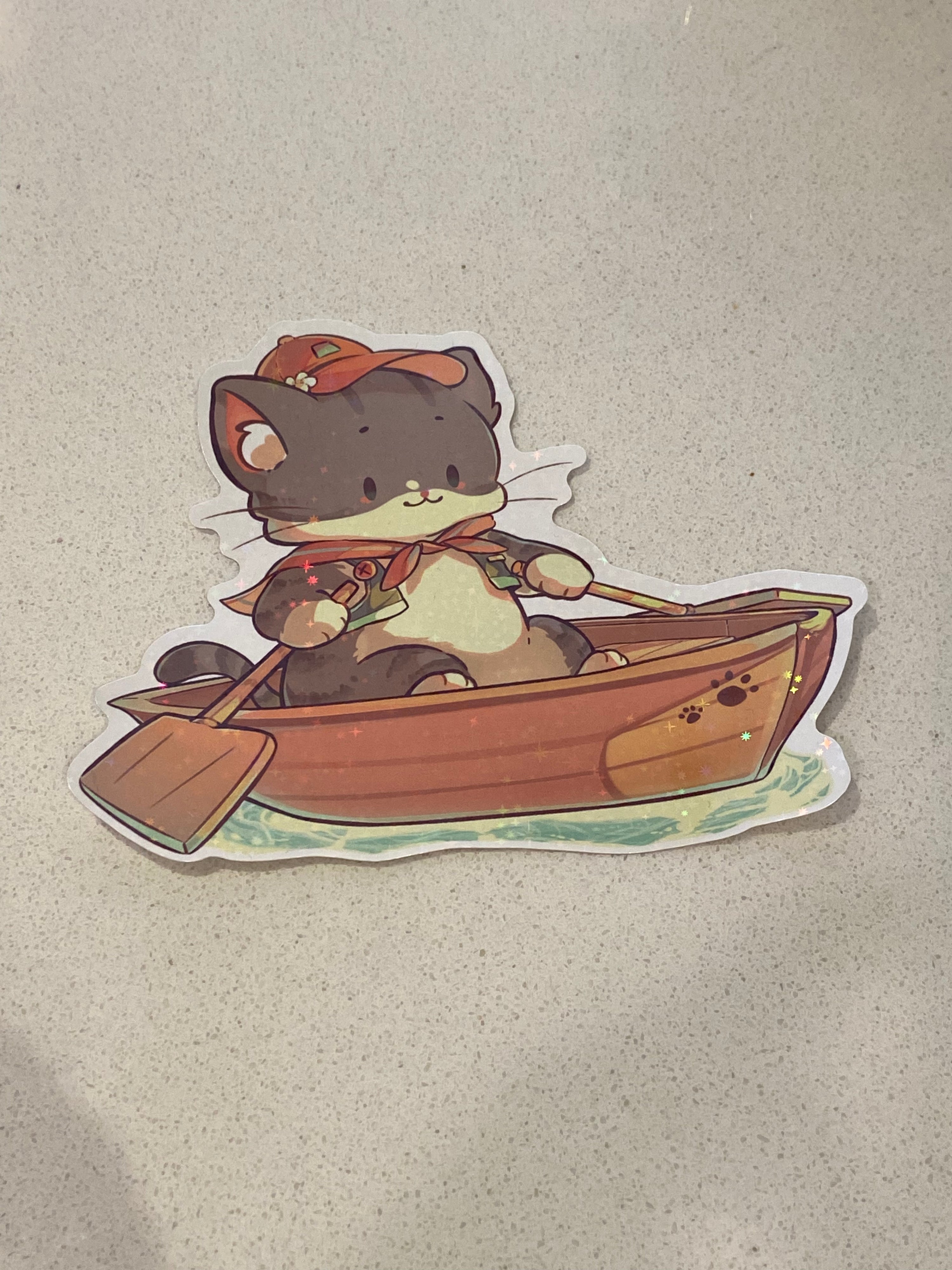 Catoro Cafe Rowboat Cat Glitter Sticker