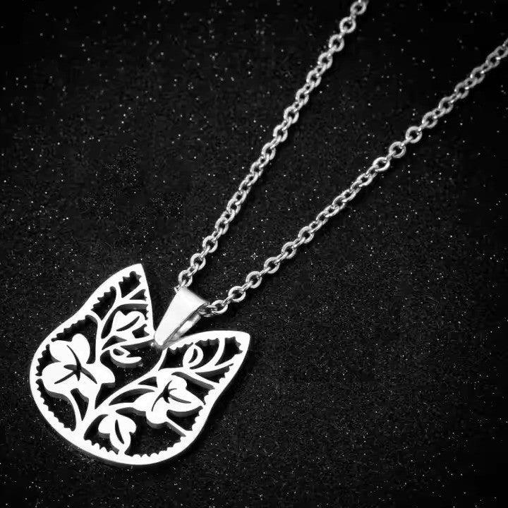 Floral Cat Head Necklace - Silver