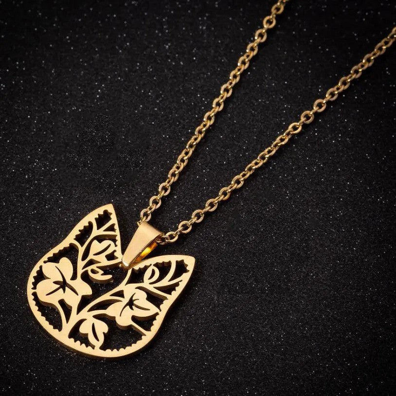 Floral Cat Head Necklace - Gold